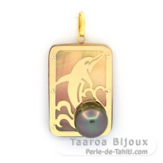 18K Gold Anhnger, Perlmutt und 1 Halb TahitiPerle - Dimensionen = 28 x 19 mm - Delfin