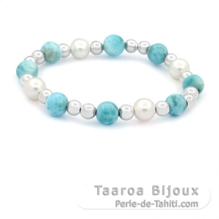 Armband aus 8 Larimar-Perlen - 8.5 bis 9.3 mm - 17.5 cm