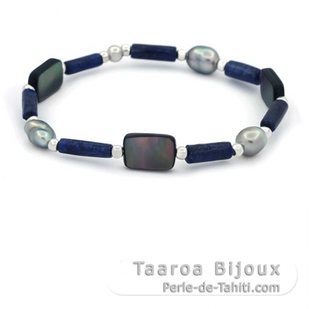 Armband mit 3 Tahiti-Keshi-Perlen, Silber, Lapislazuli und Perlmutt