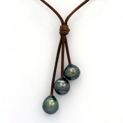 Leder Halsband und 3 Circlese TahitiPerlen C  10 bis 10.2 mm