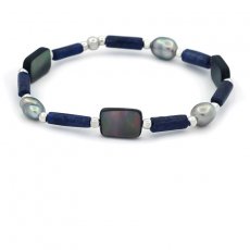 Armband mit 3 Tahiti-Keshi-Perlen, Silber, Lapislazuli und Perlmutt